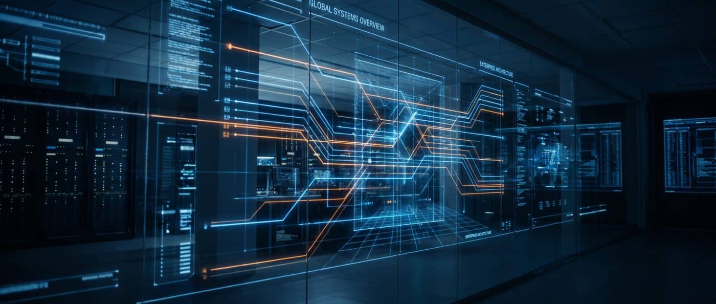 Futuristic digital screens with data glowing in dark server room.