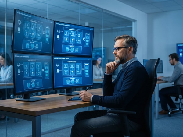 Man analyzing multiple monitors displaying system architecture diagrams in office.