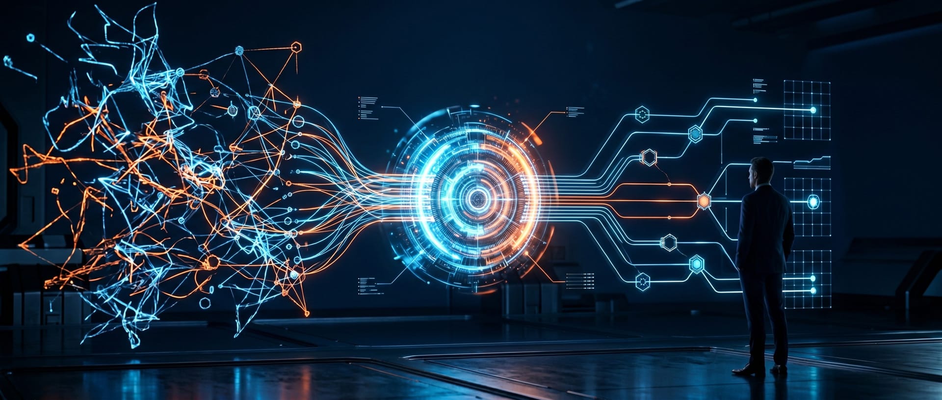 Futuristic digital interface with glowing circuits and observing man.