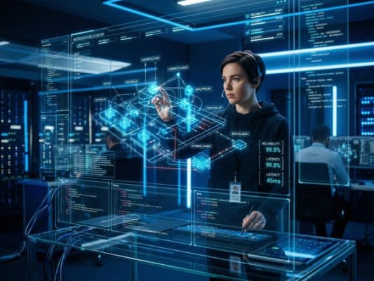 Woman interacting with futuristic holographic data screen in server room.