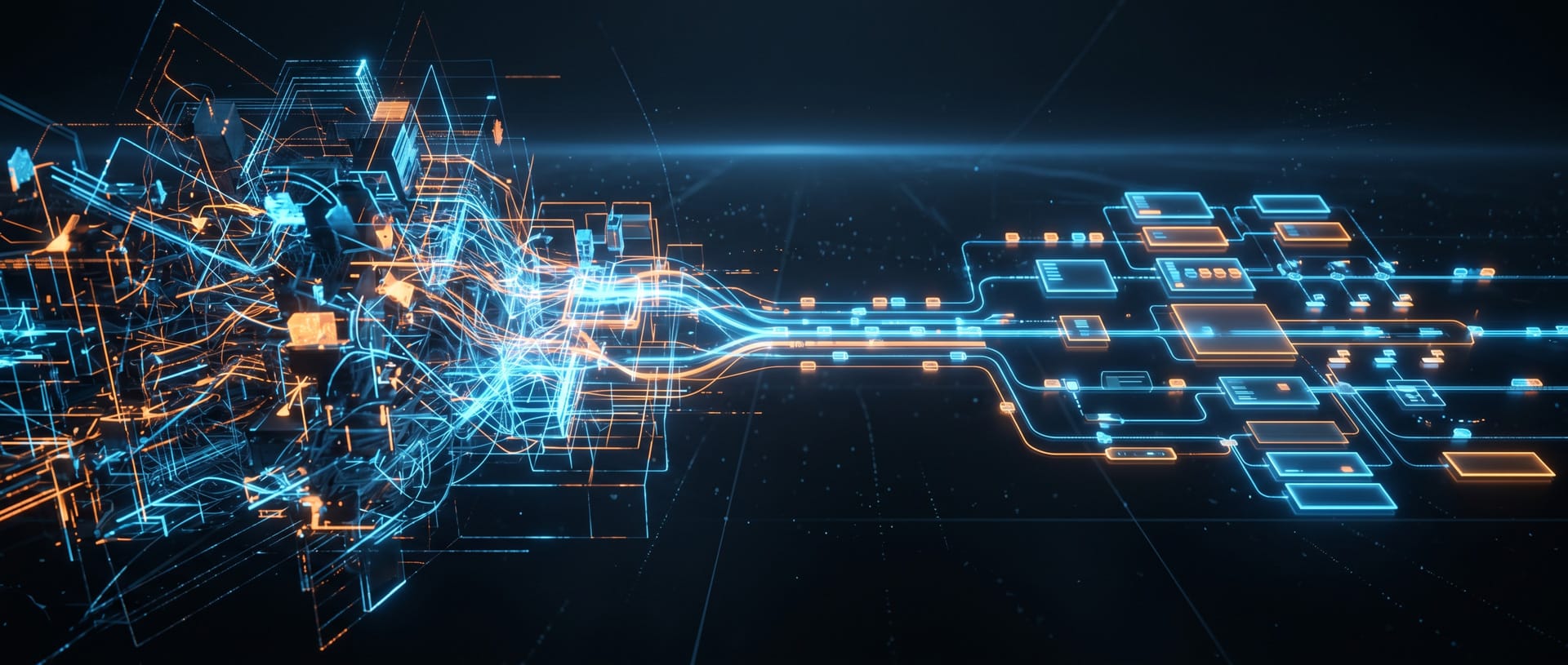 Futuristic digital network with glowing blue and orange lines