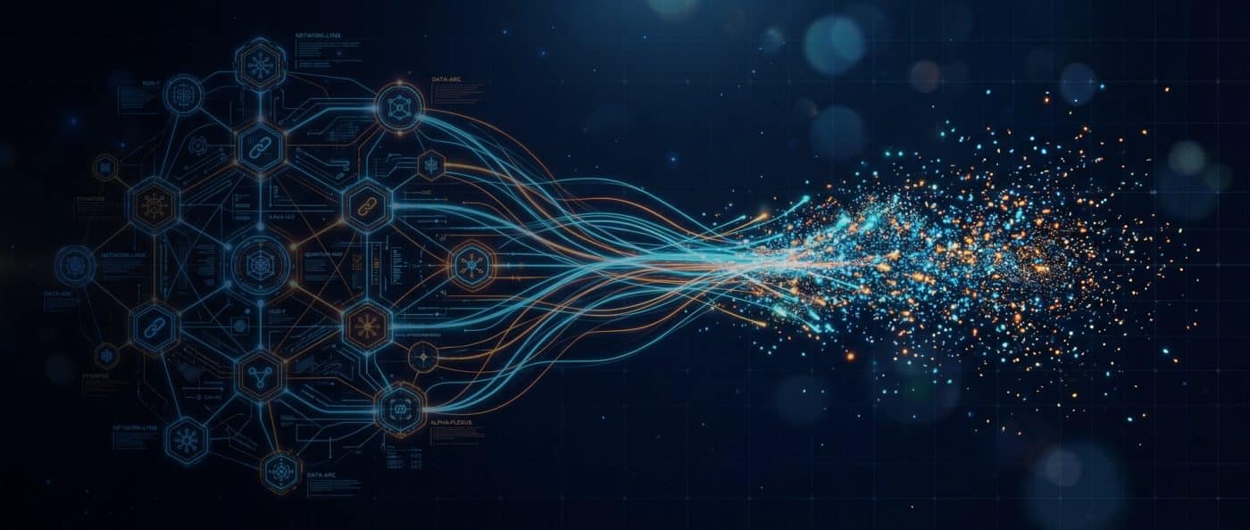 Digital neural network nodes connected with dynamic lines and particles.