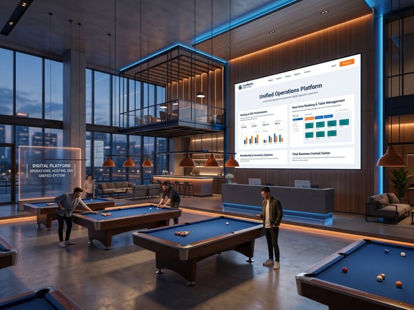 People playing pool in modern lounge with large digital screens.