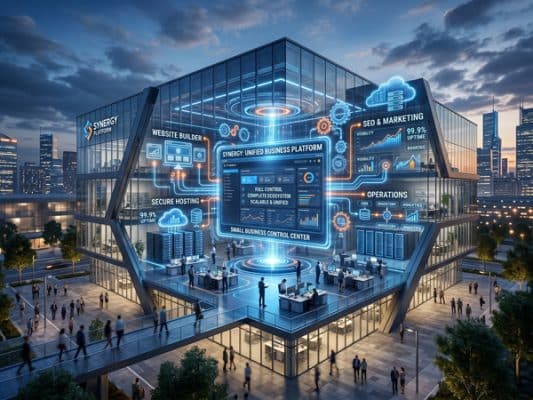 Futuristic business control center with digital displays and skyscrapers.