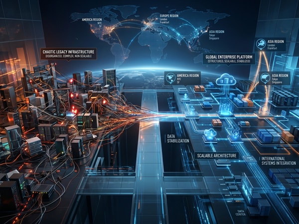Digital transformation concept with chaotic legacy infrastructure and scalable architecture.