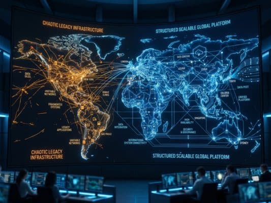 World map comparing chaotic infrastructure with structured global platform.