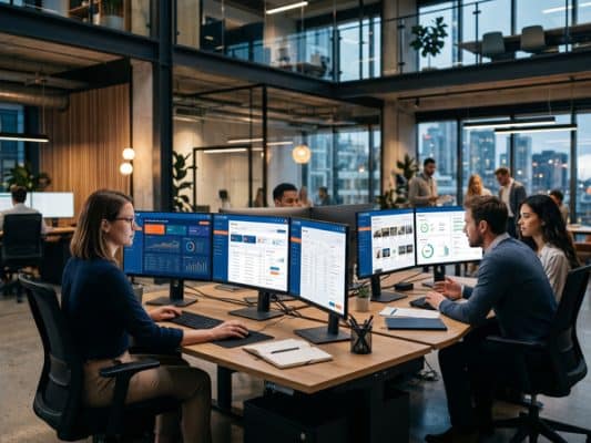 Modern office with employees working at computers on large desks.