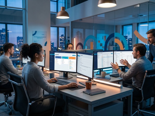 Team collaborating at modern office with multiple computer screens.