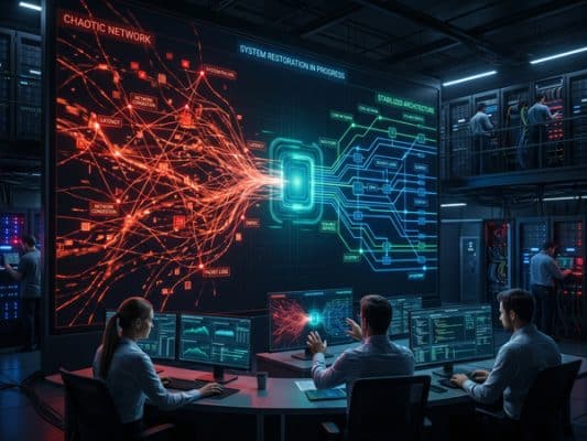 Technicians monitoring chaotic network stabilization on digital wall display.