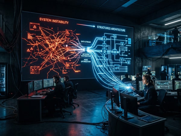 Engineers monitoring network system instability on large digital displays.