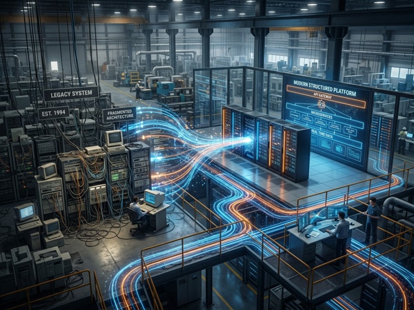 Data center modernization process with legacy system and futuristic platform.