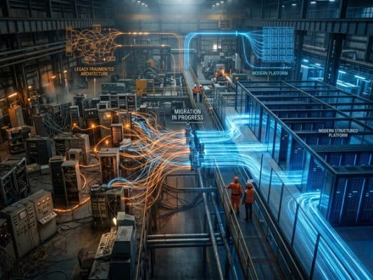 Data center migration visual with cables connecting legacy to modern systems.