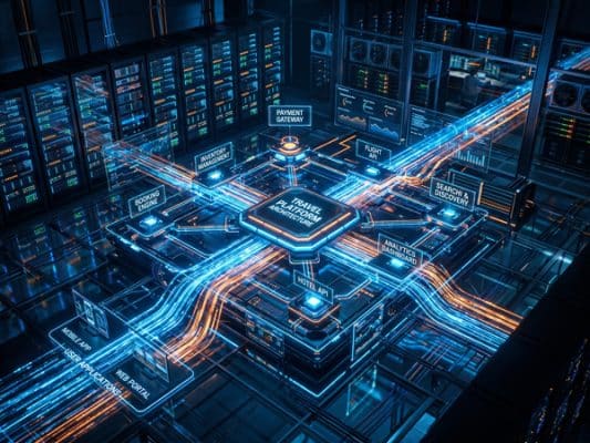 Futuristic digital travel platform architecture with glowing data pathways.