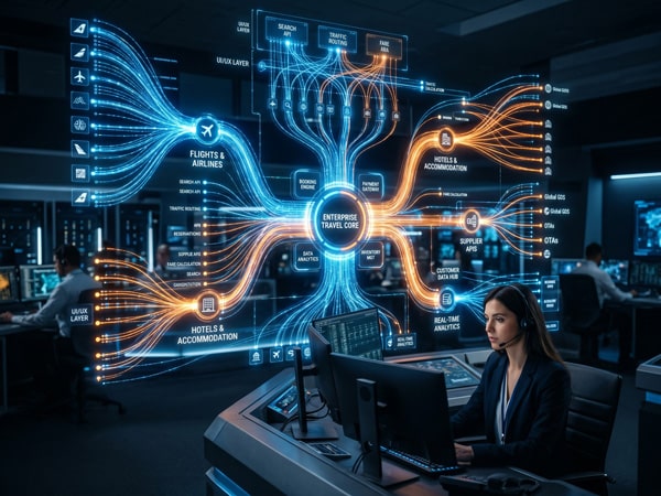Woman at desk analyzing digital network of travel data systems.