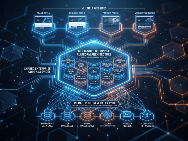 Enterprise platform architecture diagram showing interconnected websites and data layers.
