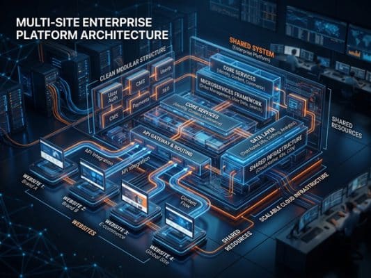 Multi-site enterprise platform architecture diagram with detailed system components.