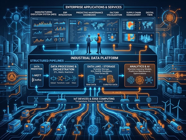 Industrial data platform diagram with IoT devices, analytics, data processing.