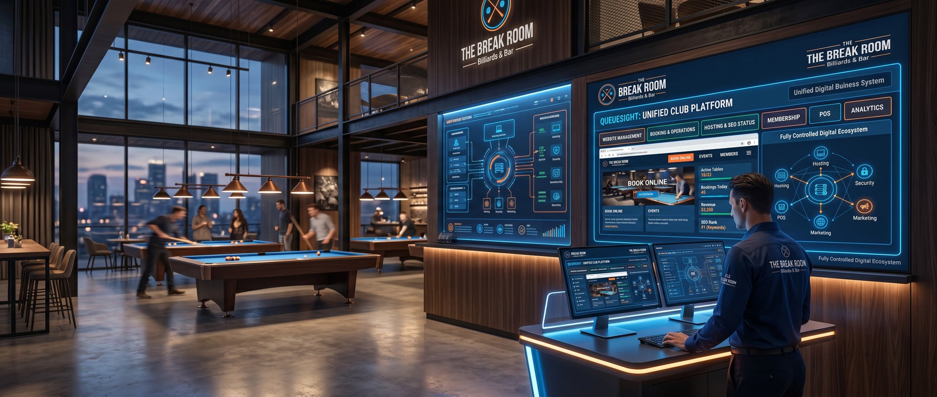 Modern billiards bar with digital screens and pool tables.