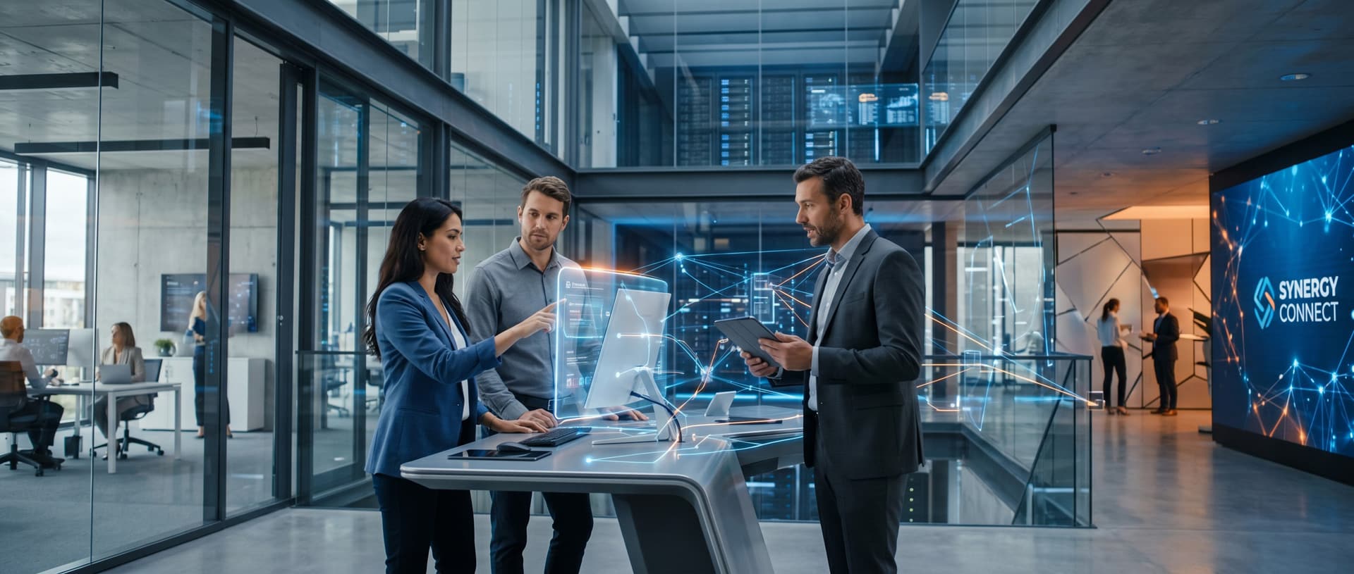 Business professionals using interactive digital display in modern office.