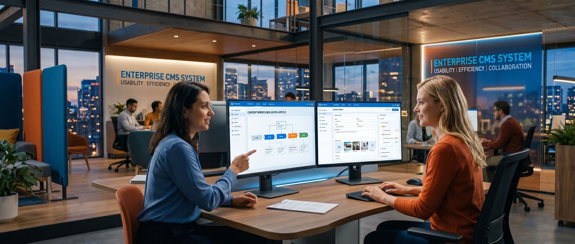 Two women discussing content management system in modern office.