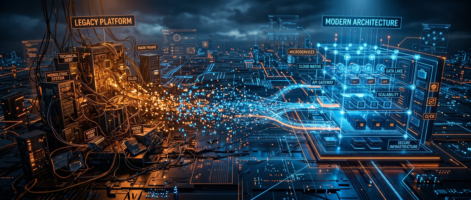 Digital transition from legacy platform to modern architecture visualization.