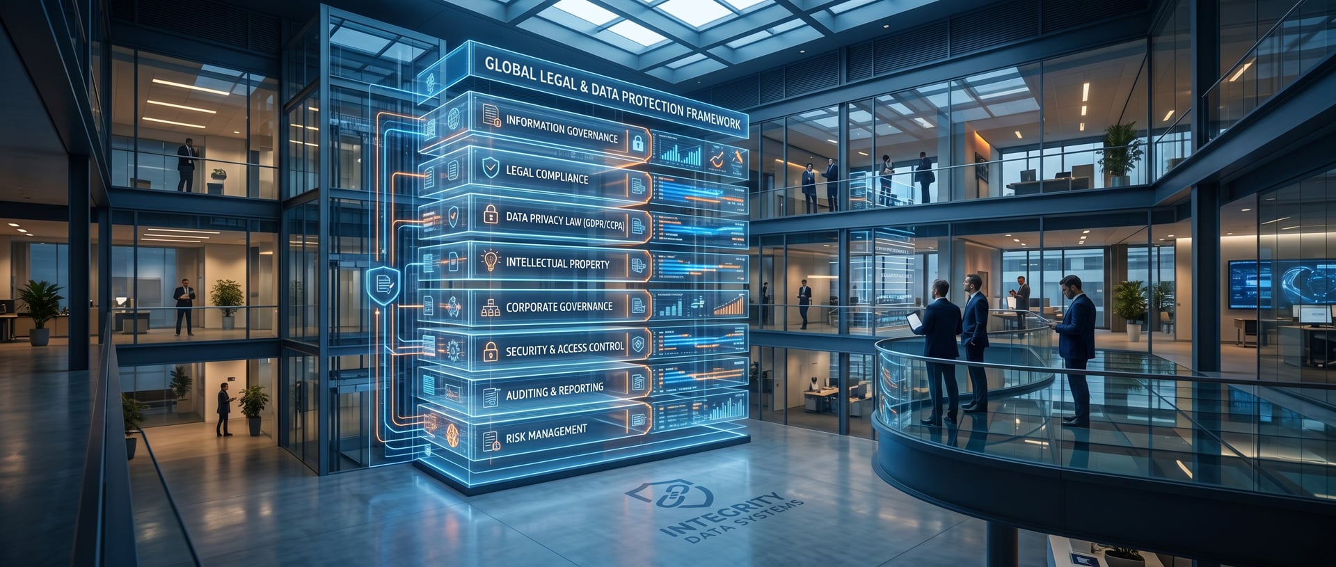 Futuristic office setting with digital data protection framework display.
