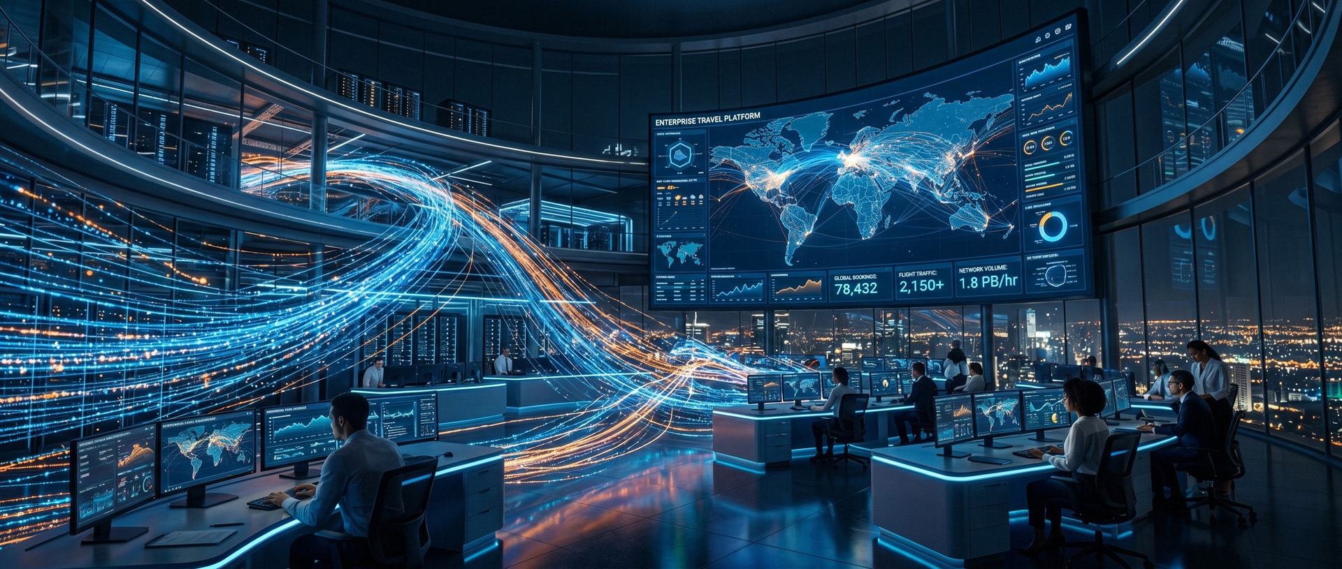 Futuristic control room with digital maps and data streams.