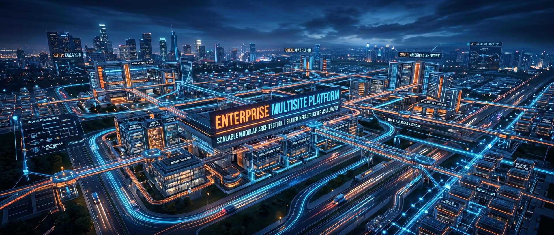 Futuristic cityscape showcasing enterprise multisite platform with digital connections.