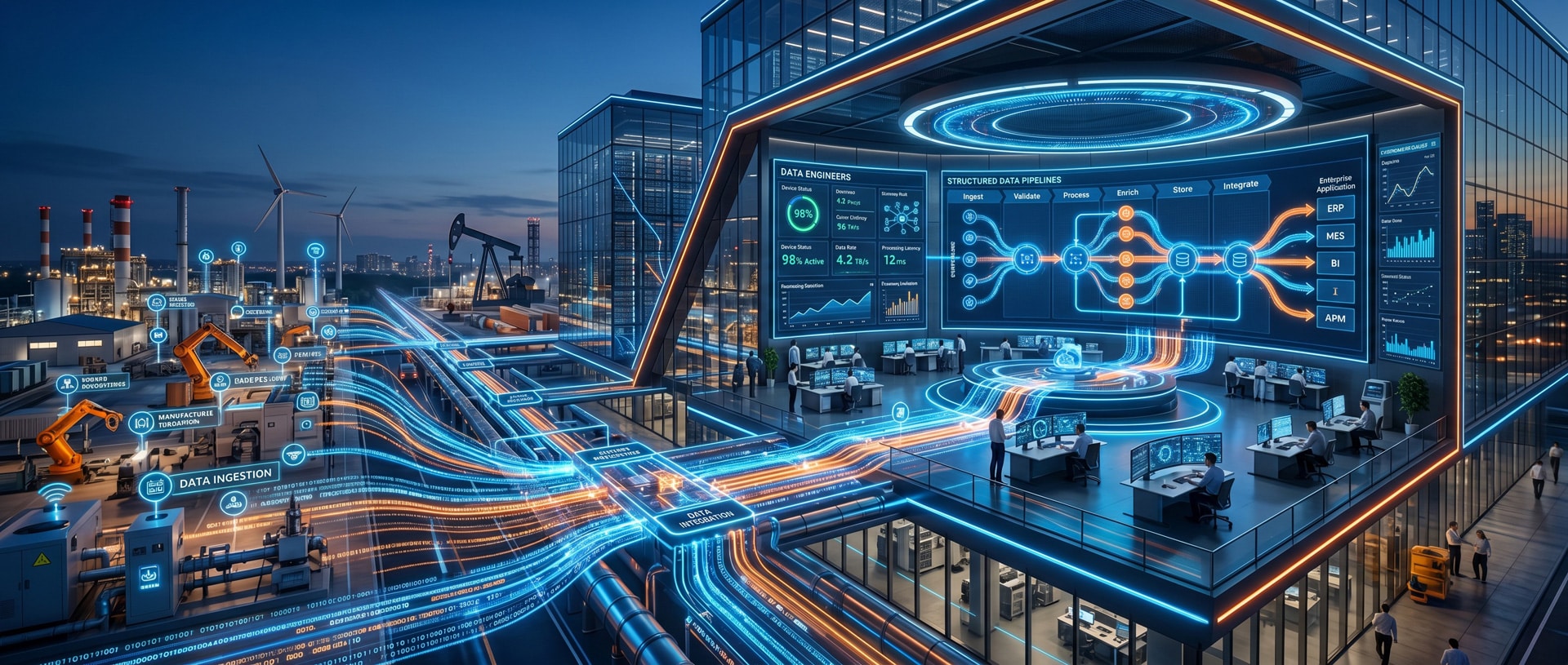Futuristic data center with digital pipelines and technology integration.