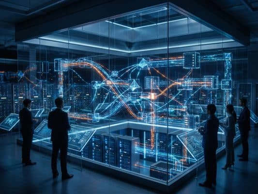 Futuristic data center with glowing networks, servers, people analyzing.