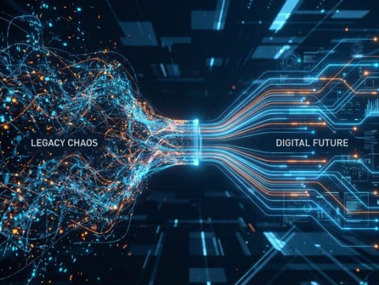 Legacy chaos transforming into organized digital future with data flow.