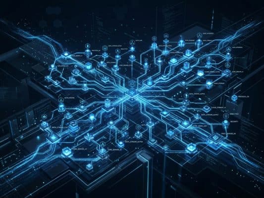 Futuristic digital network with interconnected glowing nodes and pathways.