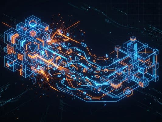 Futuristic digital abstract network with glowing blue and orange shapes.