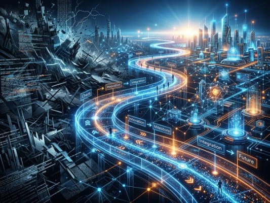 Futuristic digital landscape with glowing pathways and city skyline.