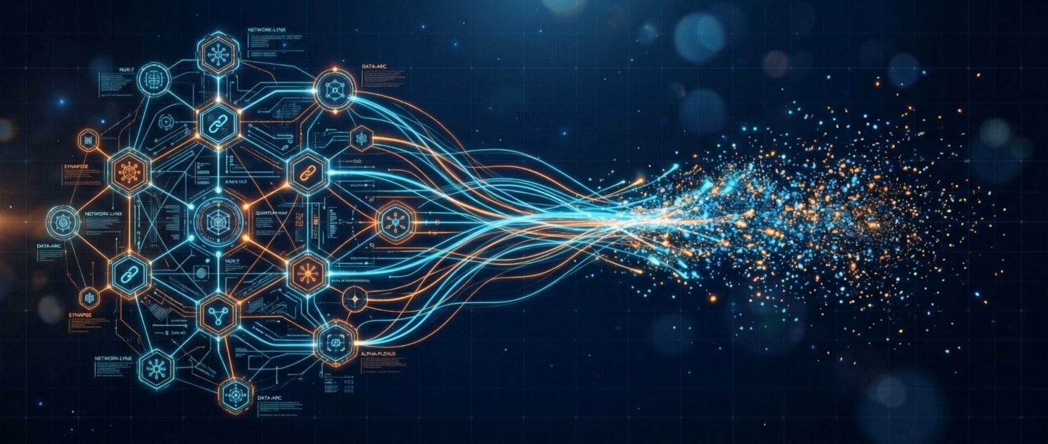Digital neural network connections with blue and orange glowing pathways.