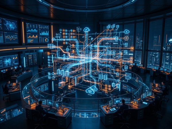 Futuristic control room with digital network hologram and data analysis.
