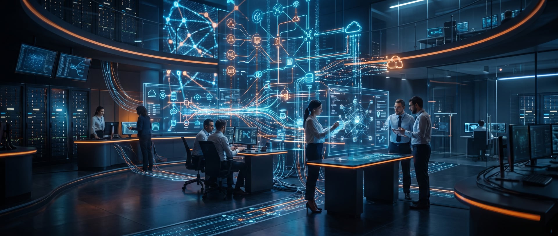 Tech professionals analyzing data networks in modern control room.
