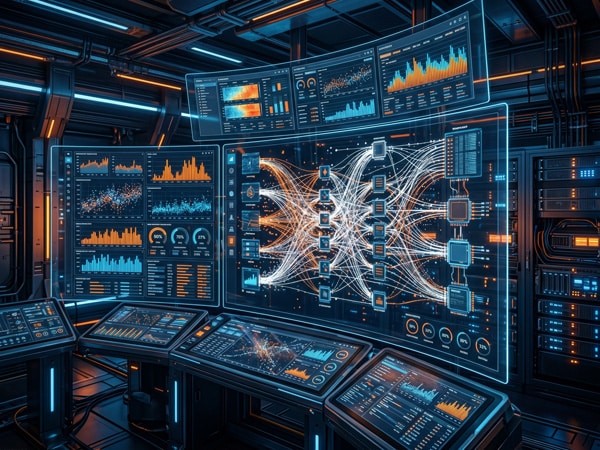 Futuristic control room with digital screens and data visualizations.