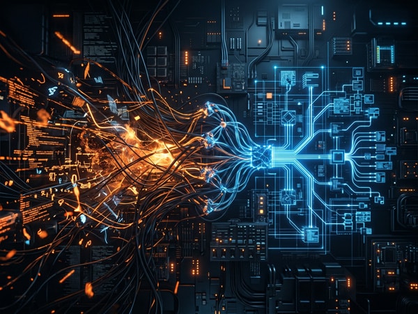 Digital circuit board with glowing blue and orange connections merging.